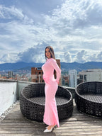 VESTIDO ROSADO LARGO MANGA LARGA